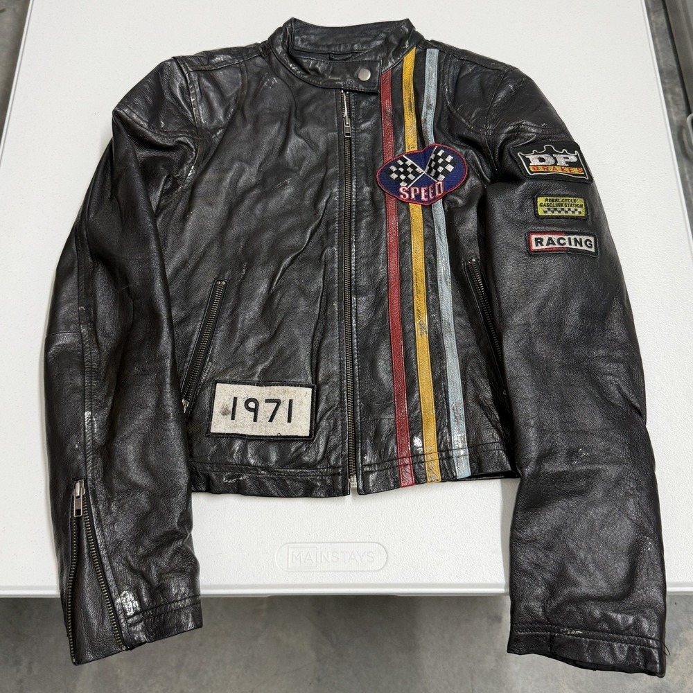 Unbranded Racing Leather Jacket womans S Black Distressed Cafe Racer Patches